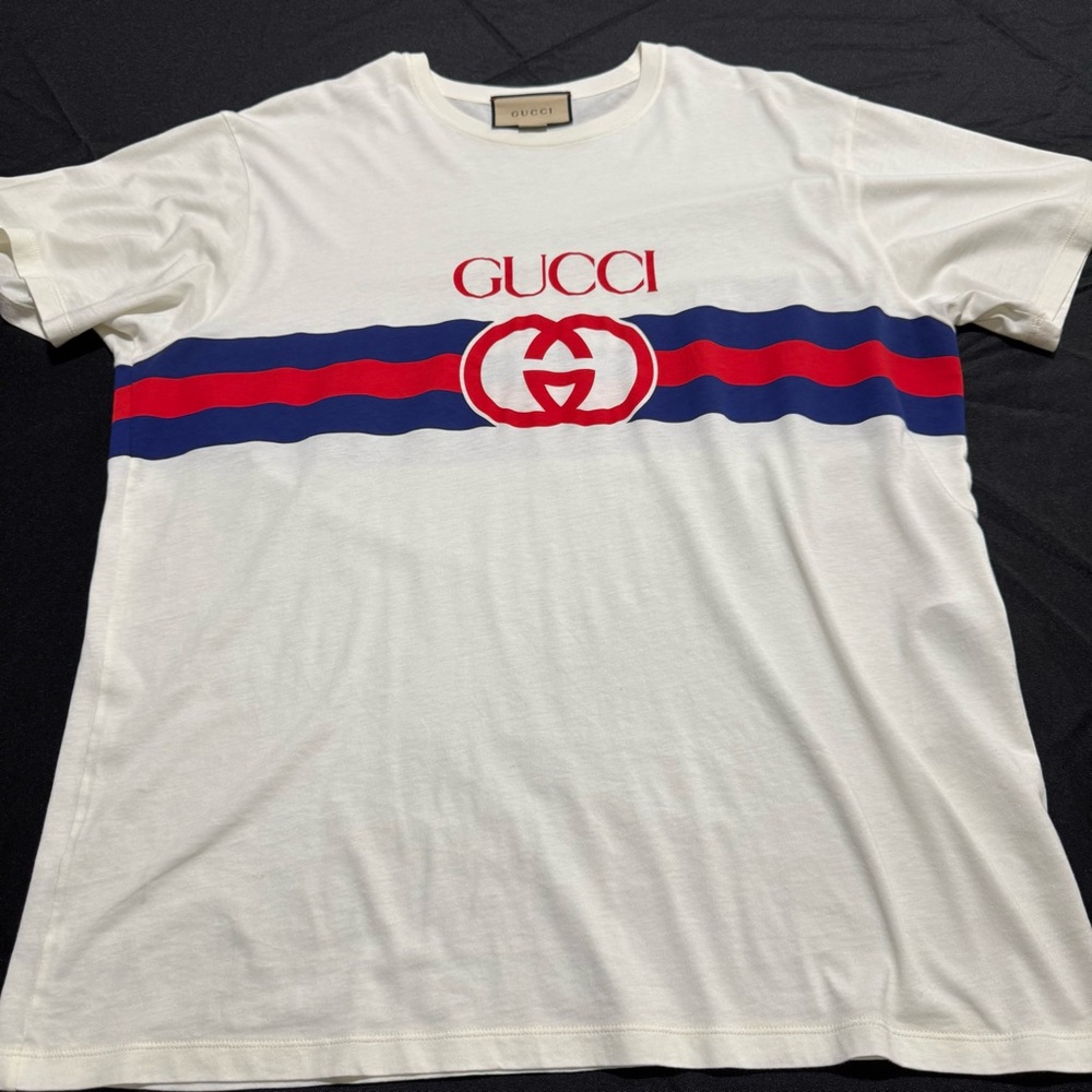 Gucci White Tee with Red and Blue Stripes